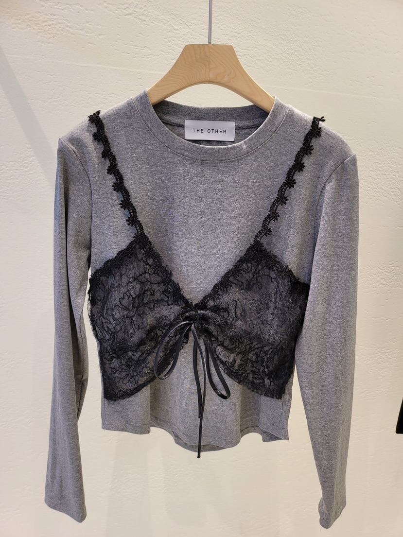 THE OTHER韓國直郵㊣女士新品職業人氣休閑長袖T恤假兩件蕾絲THE OTHER長袖T恤圖色1