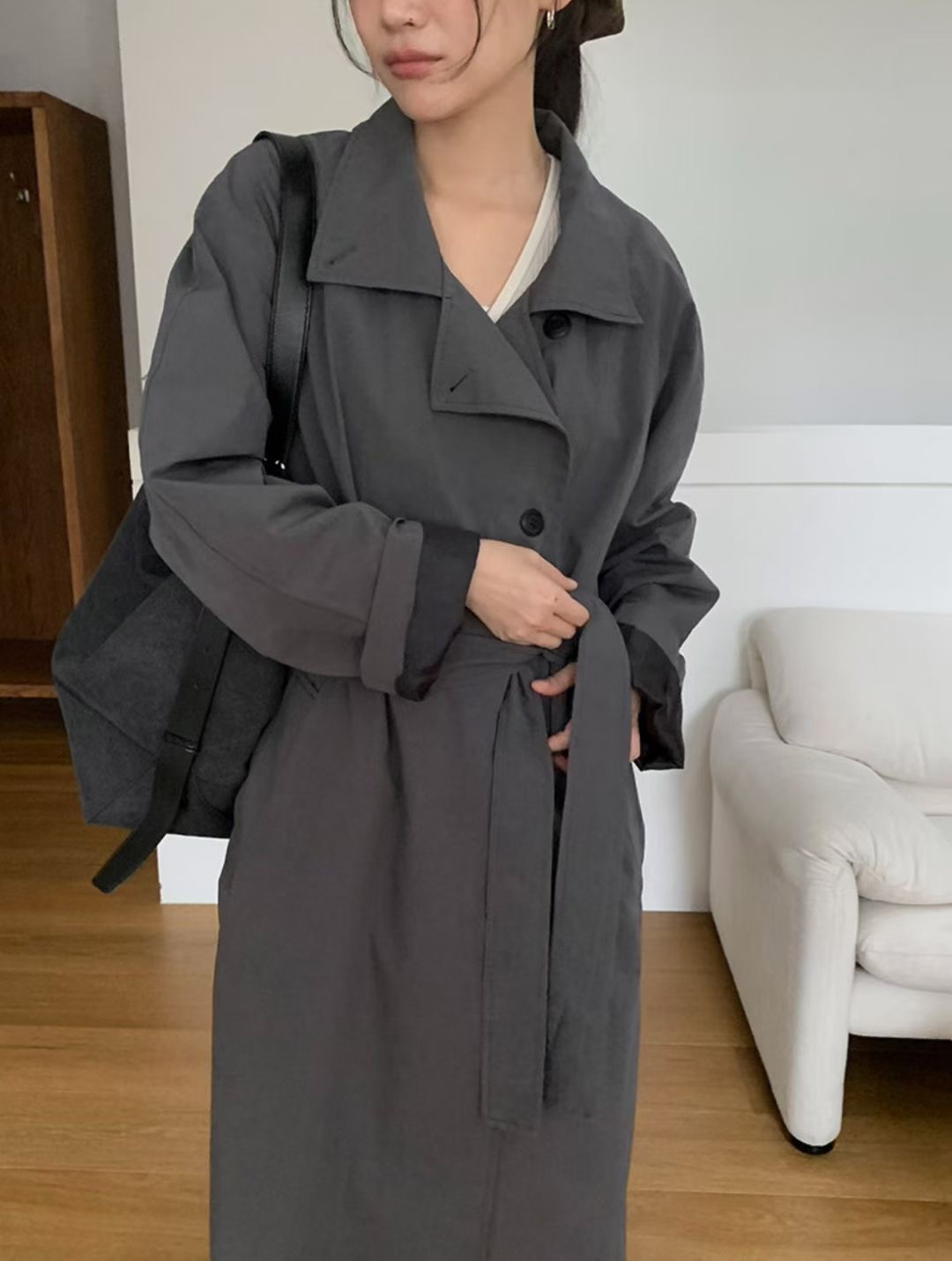 ALL OF US韓國代購㊣女士新款時尚真品職業長款風衣含腰帶ALL OF US長款風衣圖色2