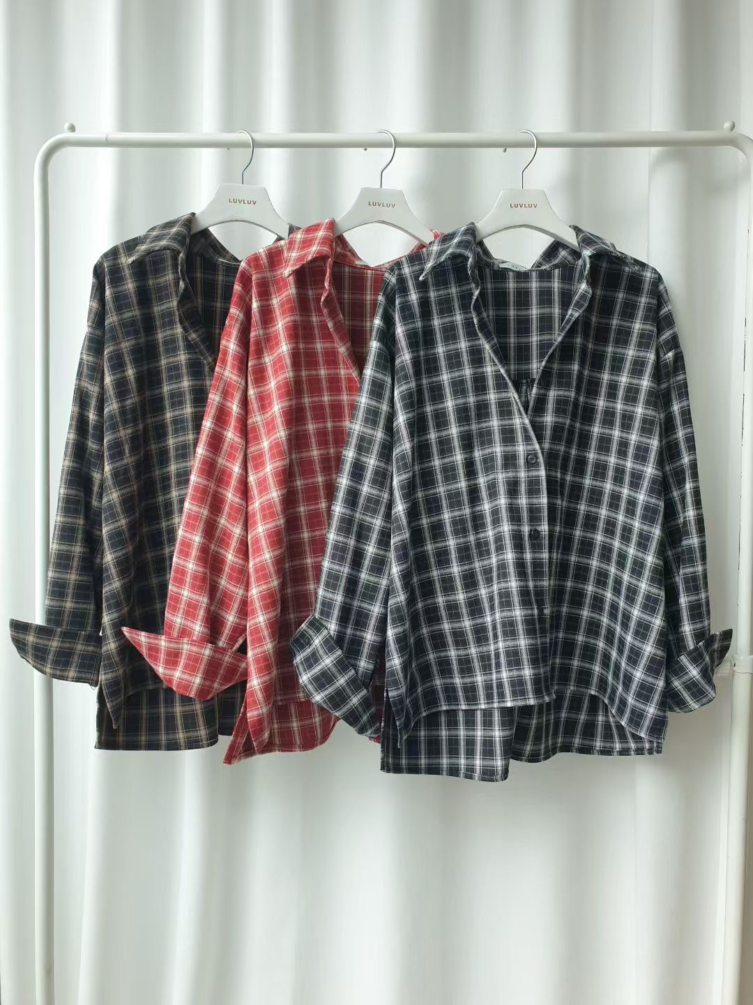 LUVLUV-럽럽-OT韓國直郵㊣女士新款職業休閑襯衫蕾絲衫格子LUVLUV-럽럽-OT襯衫/蕾絲衫圖色1左一色