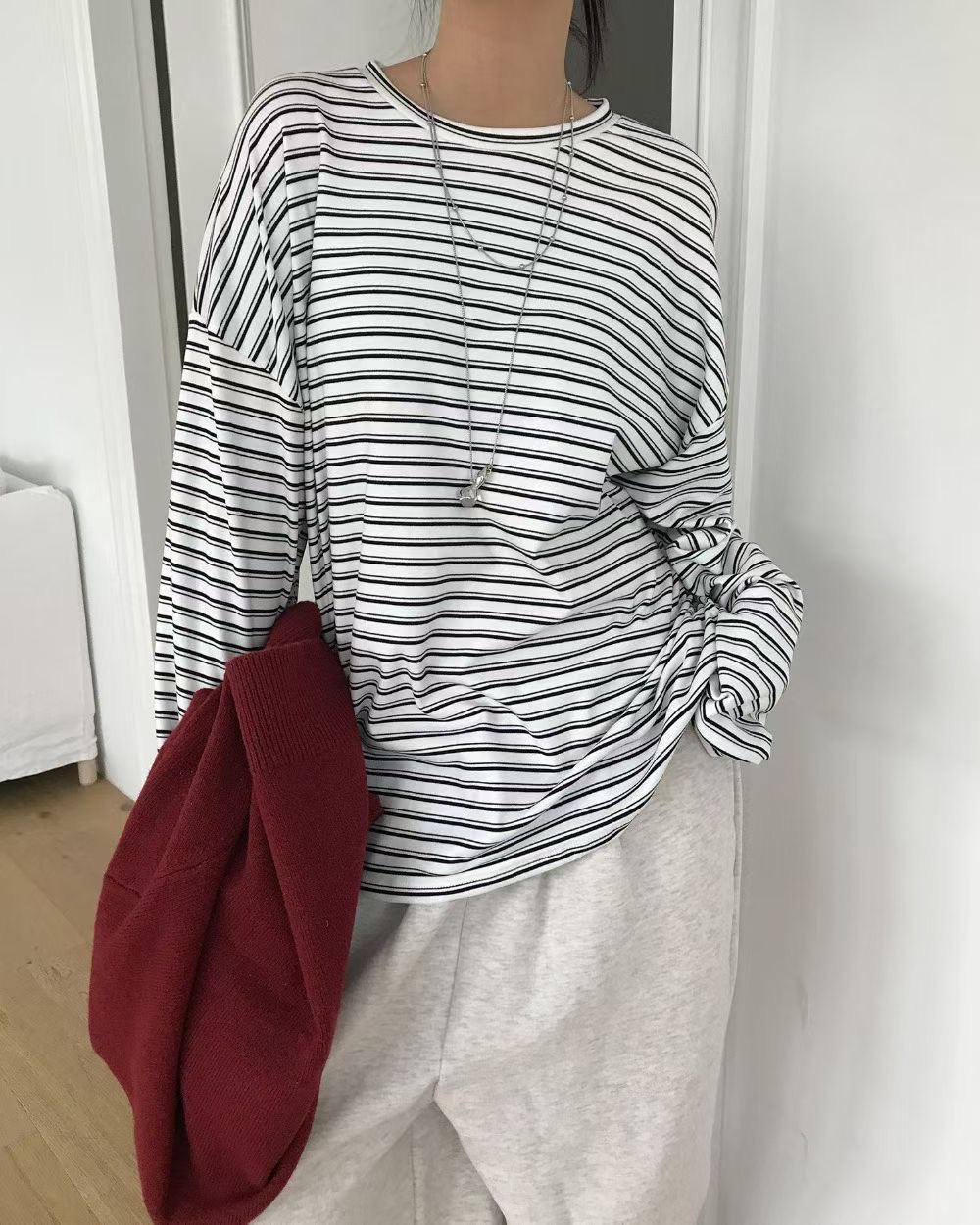 UNSANE東大門㊣直郵女裝新款推薦25秋冬人氣職業長袖T恤條紋UNSANE長袖T恤圖色1