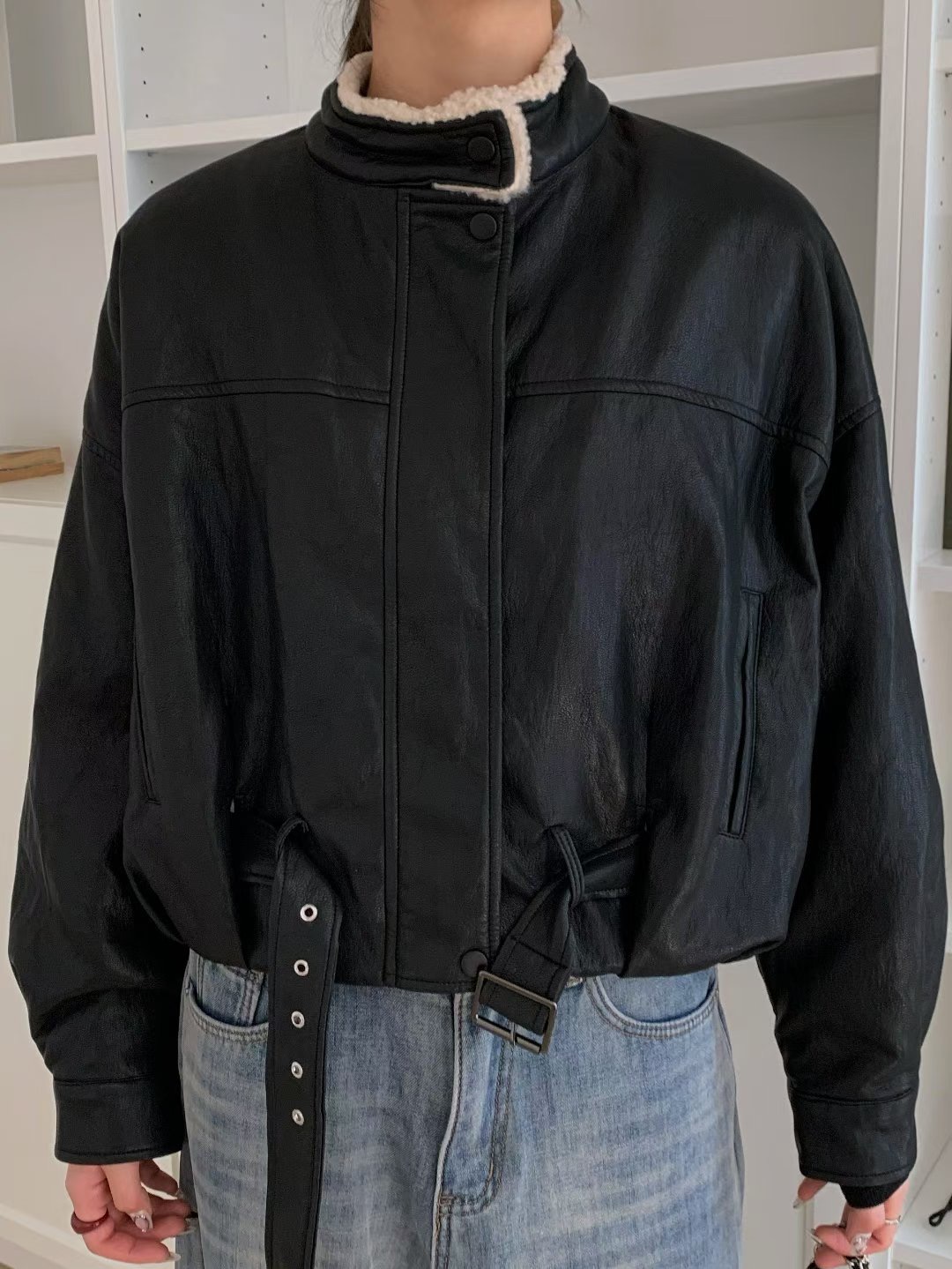 SPARK東大門㊣直郵女士新品休閑推薦職業25秋冬夾克羊毛皮腰帶SPARK夾克圖色1