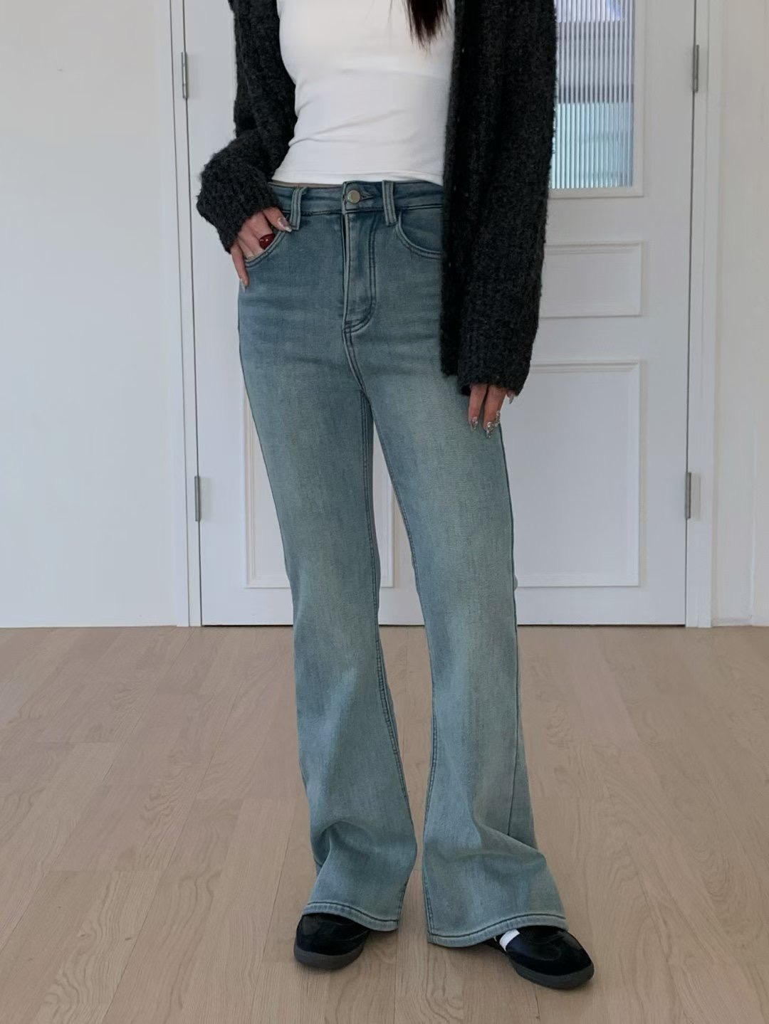 SPARK韓國代購㊣女士新品人氣熱賣時尚25秋冬職業牛仔褲羊毛SPARK牛仔褲圖色1