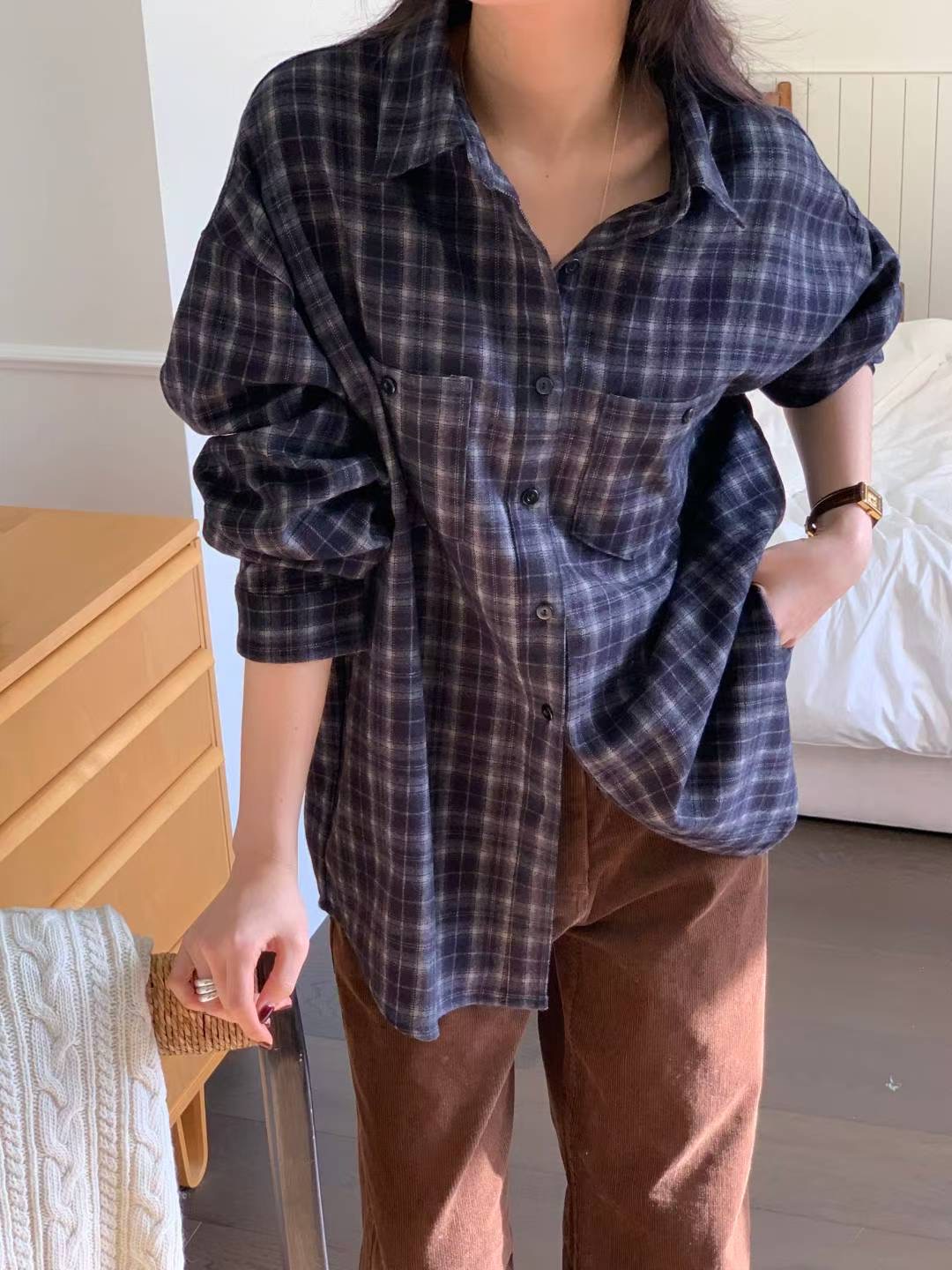 AREING東大門㊣直郵女士新品人氣25秋冬職業襯衫蕾絲衫格子AREING襯衫/蕾絲衫圖色1