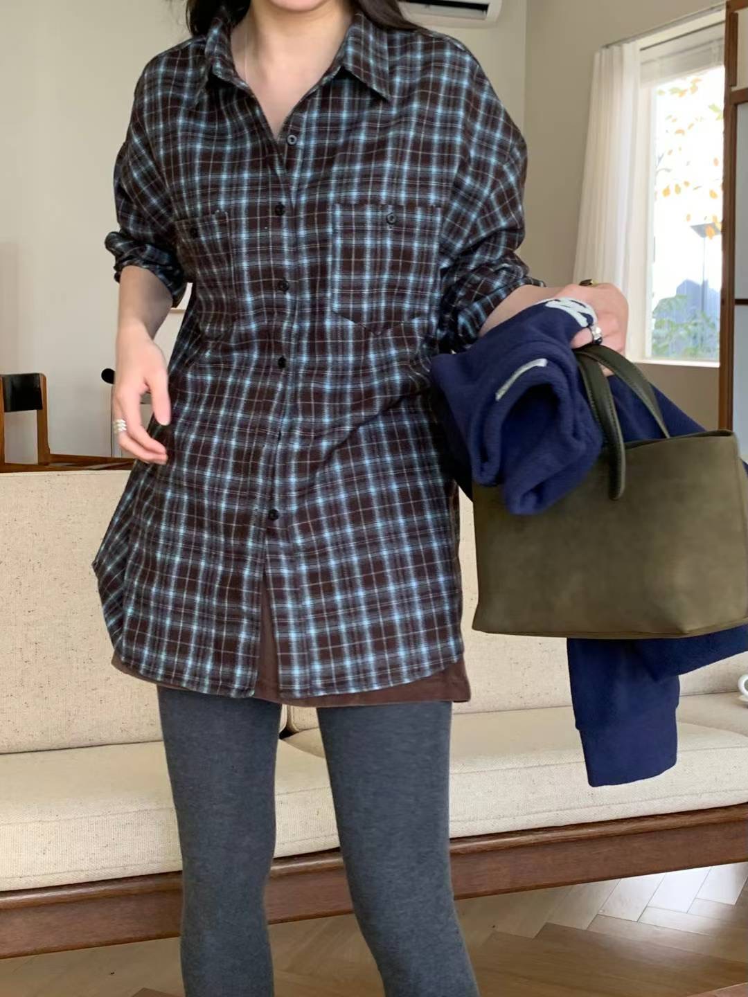 AREING東大門㊣直郵女士新品人氣25秋冬職業襯衫蕾絲衫格子AREING襯衫/蕾絲衫圖色2