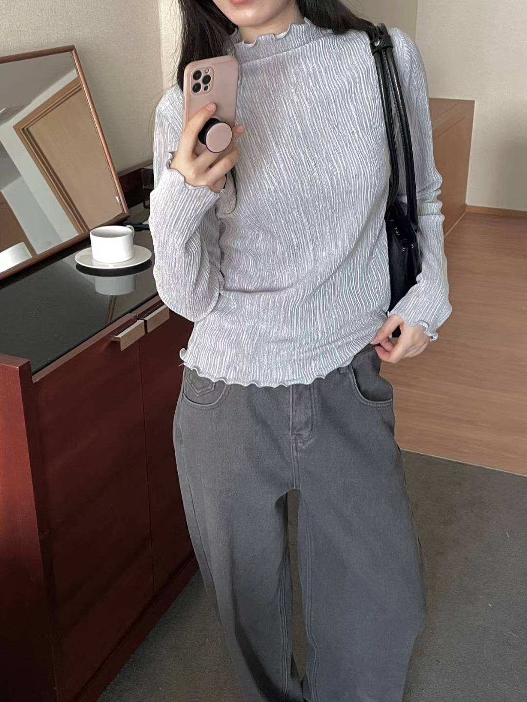 L.REWIND韓國代購㊣女士新品熱賣時尚職業長袖T恤天鵝絨褶裥L.REWIND長袖T恤圖色3