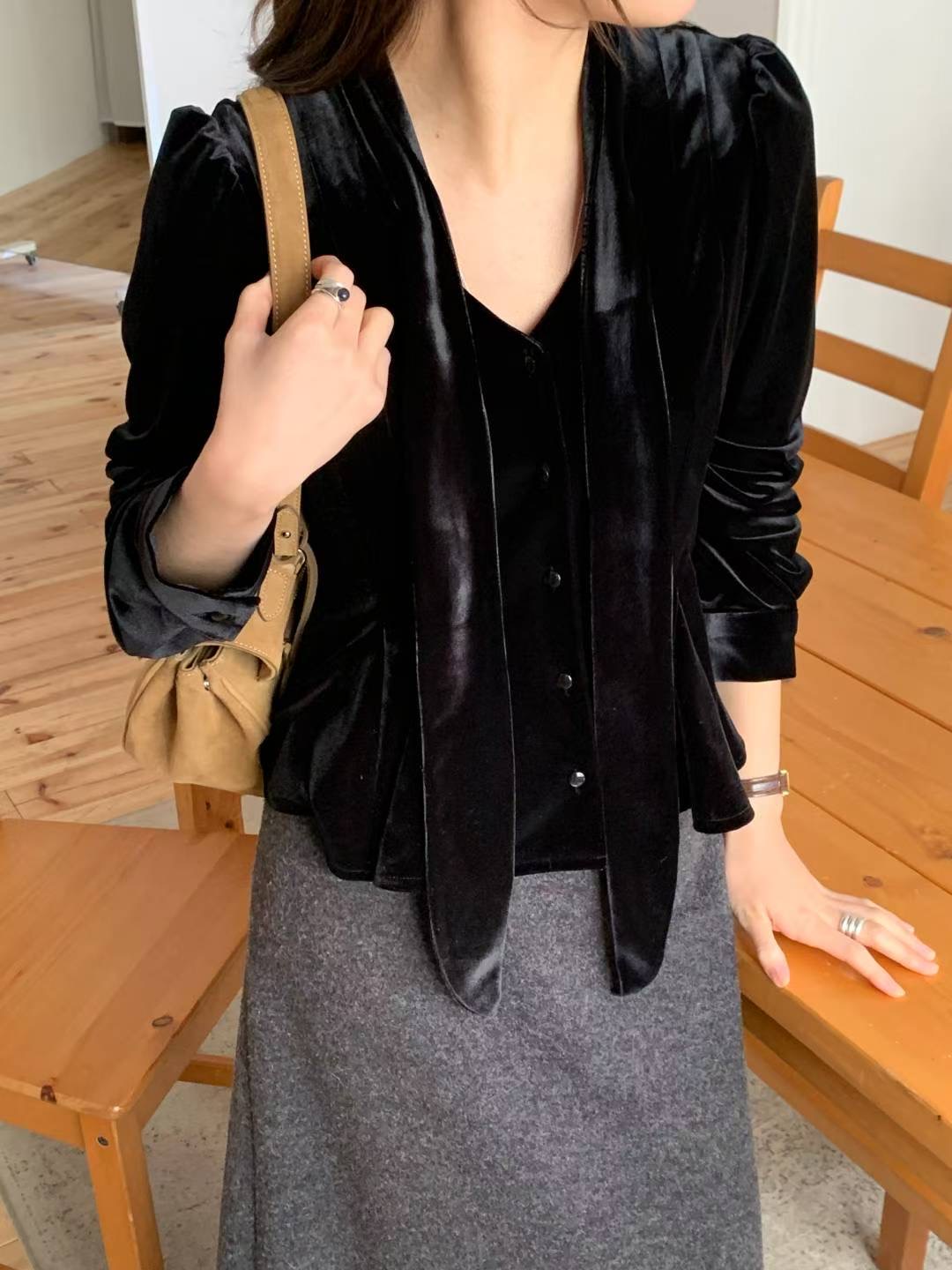 AREING東大門㊣代購女裝新品推薦職業時尚襯衫蕾絲衫天鵝絨AREING襯衫/蕾絲衫圖色1