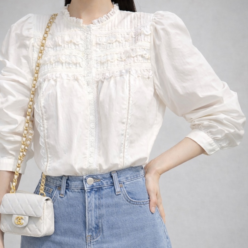 CORAL韓國直郵㊣女裝新品時尚熱賣推薦真品人氣襯衫蕾絲衫褶裥CORAL襯衫/蕾絲衫