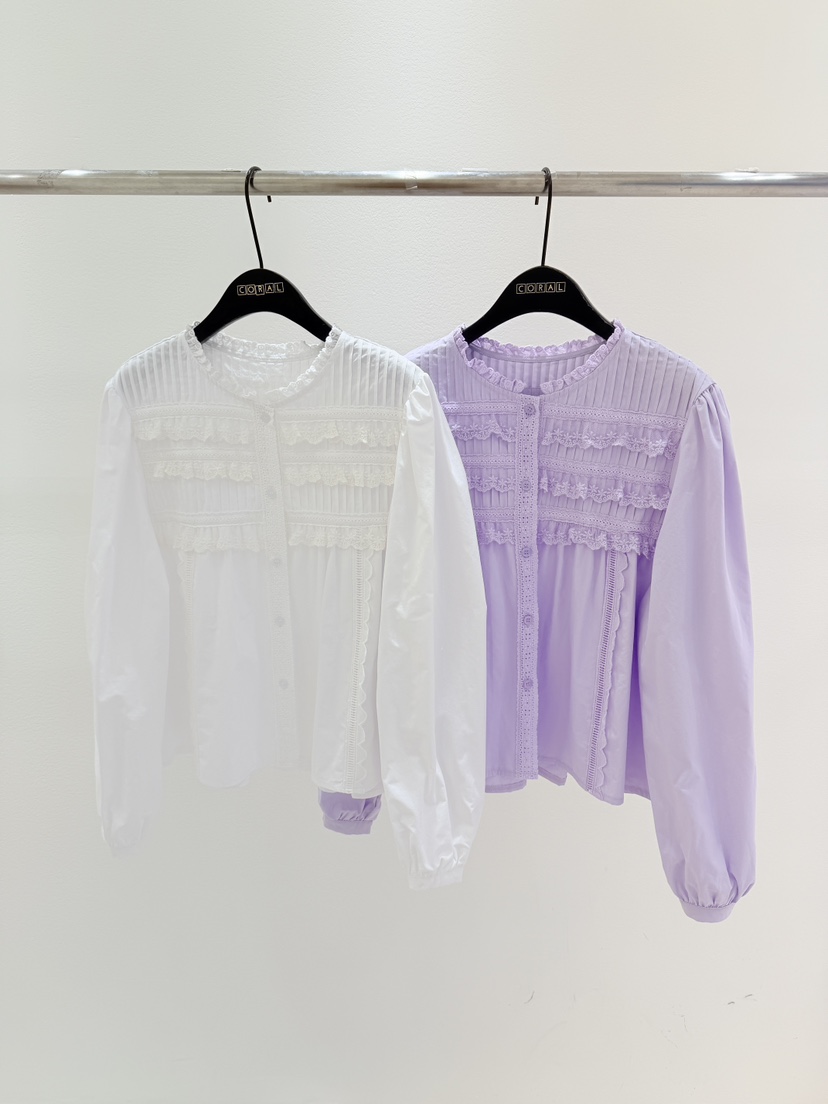 CORAL韓國直郵㊣女裝新品時尚熱賣推薦真品人氣襯衫蕾絲衫褶裥CORAL襯衫/蕾絲衫