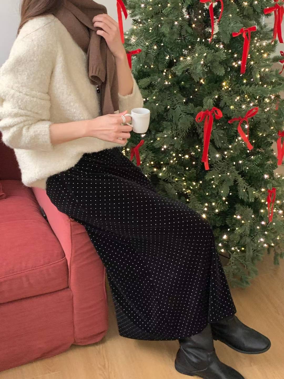 ONEMORETHING韓國直郵㊣女士新品真品時尚休閑長裙天鵝絨喇叭ONEMORETHING長裙