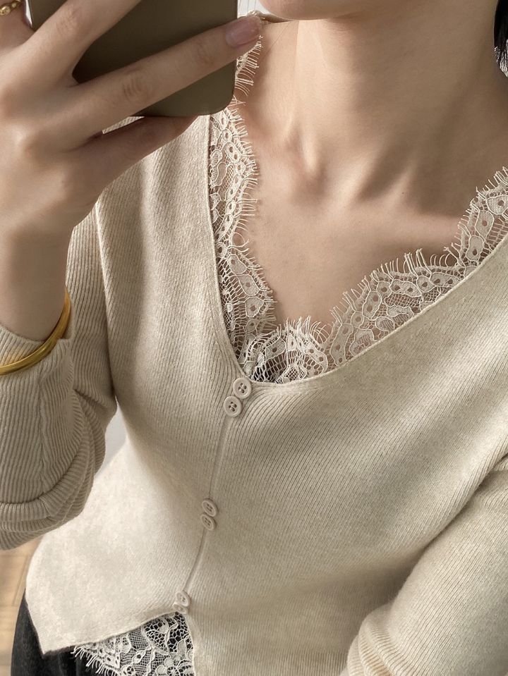 STAY HERE韓國直郵㊣女裝新款職業熱賣人氣25秋冬針織衫蕾絲STAY HERE針織衫