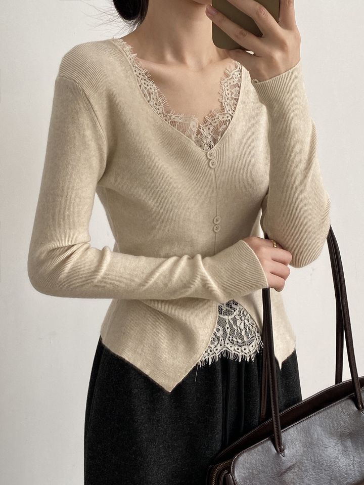 STAY HERE韓國直郵㊣女裝新款職業熱賣人氣25秋冬針織衫蕾絲STAY HERE針織衫