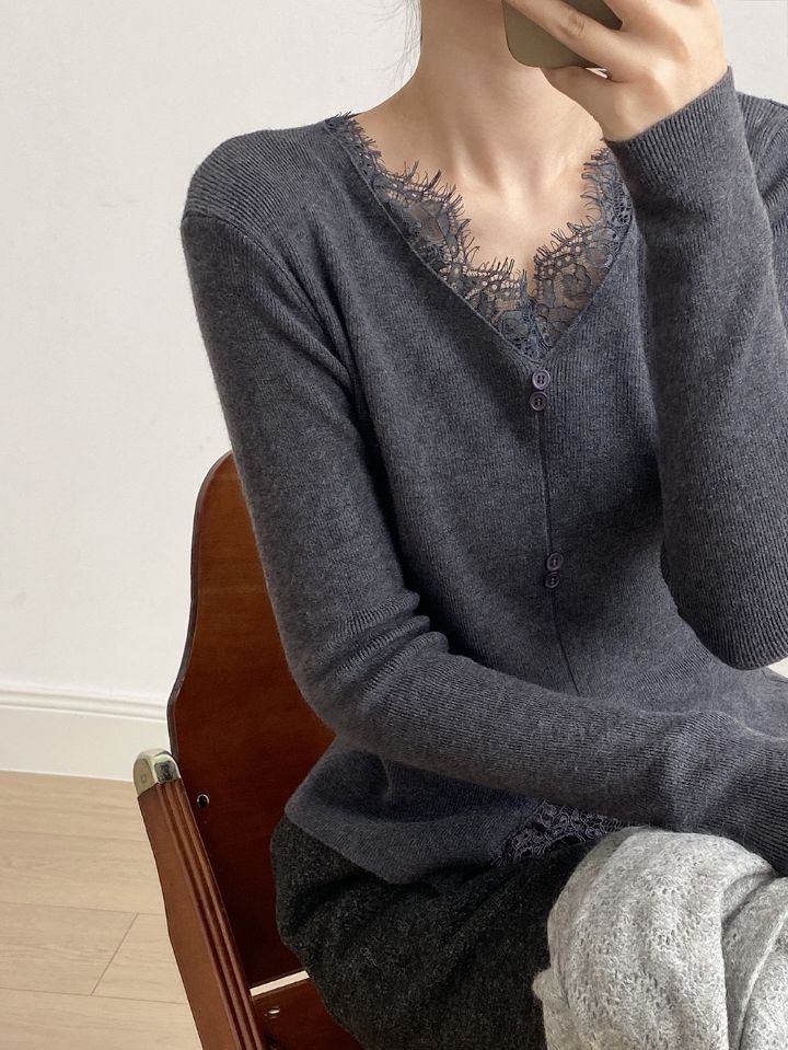 STAY HERE韓國直郵㊣女裝新款職業熱賣人氣25秋冬針織衫蕾絲STAY HERE針織衫