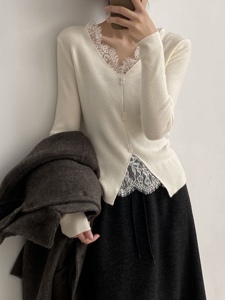 STAY HERE韓國直郵㊣女裝新款職業熱賣人氣25秋冬針織衫蕾絲STAY HERE針織衫