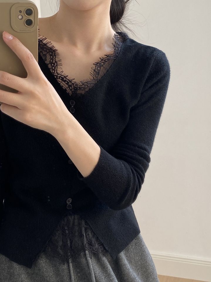 STAY HERE韓國直郵㊣女裝新款職業熱賣人氣25秋冬針織衫蕾絲STAY HERE針織衫