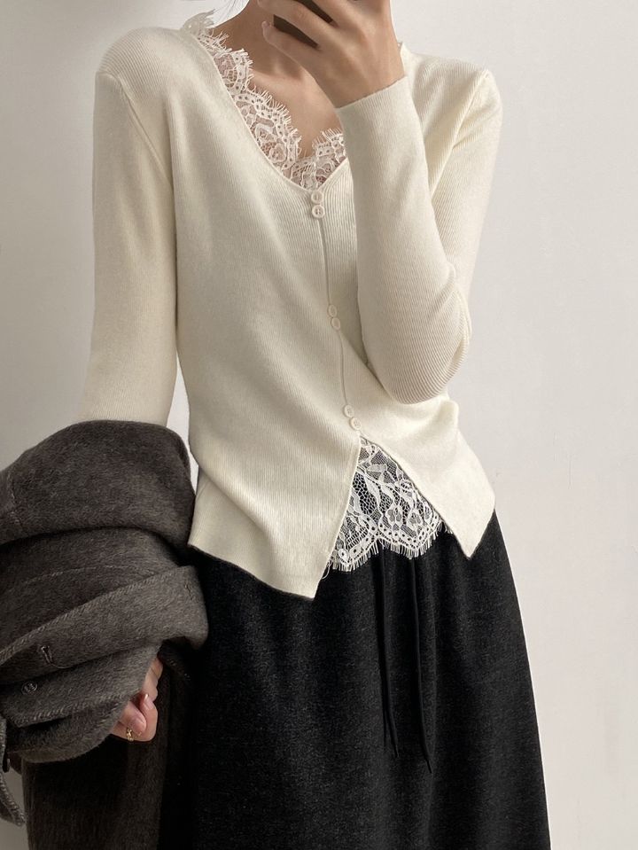 STAY HERE韓國直郵㊣女裝新款職業熱賣人氣25秋冬針織衫蕾絲STAY HERE針織衫