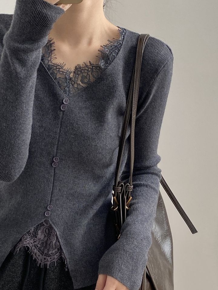 STAY HERE韓國直郵㊣女裝新款職業熱賣人氣25秋冬針織衫蕾絲STAY HERE針織衫