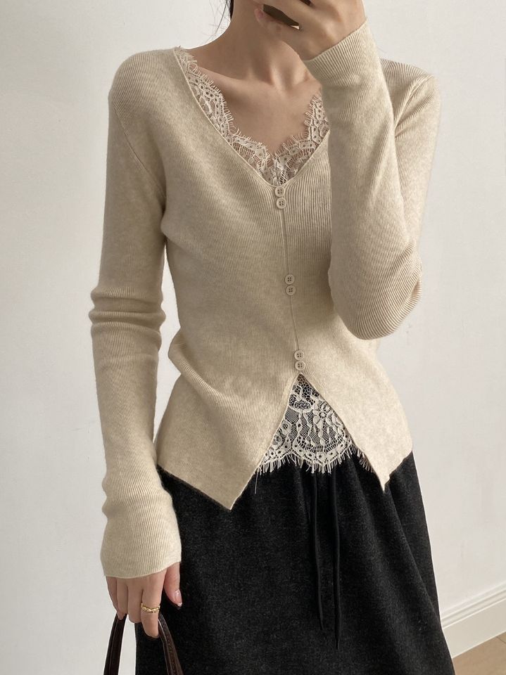 STAY HERE韓國直郵㊣女裝新款職業熱賣人氣25秋冬針織衫蕾絲STAY HERE針織衫圖色1