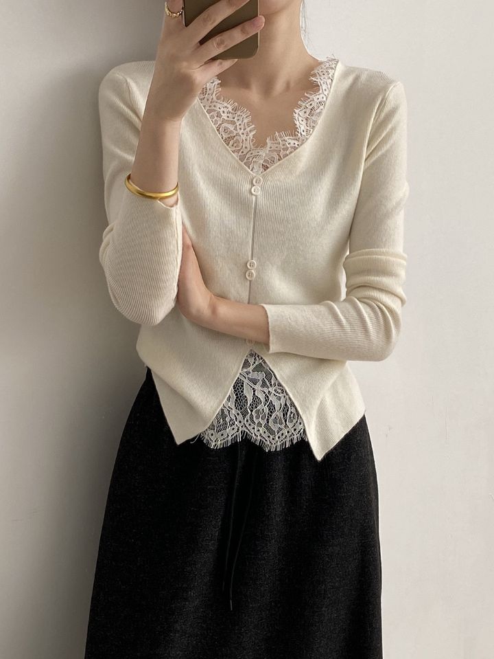 STAY HERE韓國直郵㊣女裝新款職業熱賣人氣25秋冬針織衫蕾絲STAY HERE針織衫圖色2