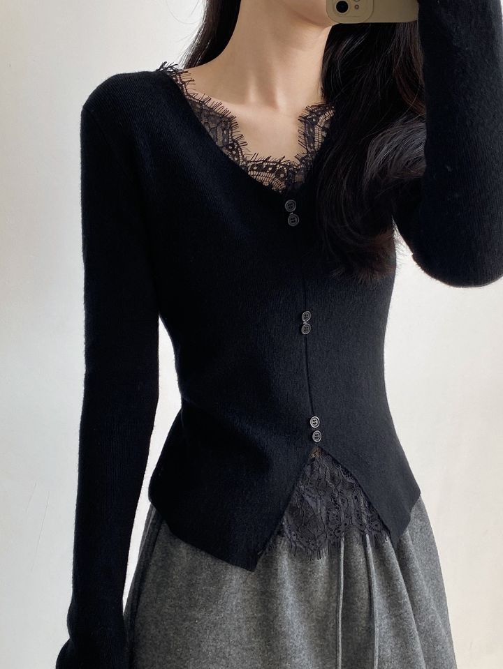 STAY HERE韓國直郵㊣女裝新款職業熱賣人氣25秋冬針織衫蕾絲STAY HERE針織衫圖色4