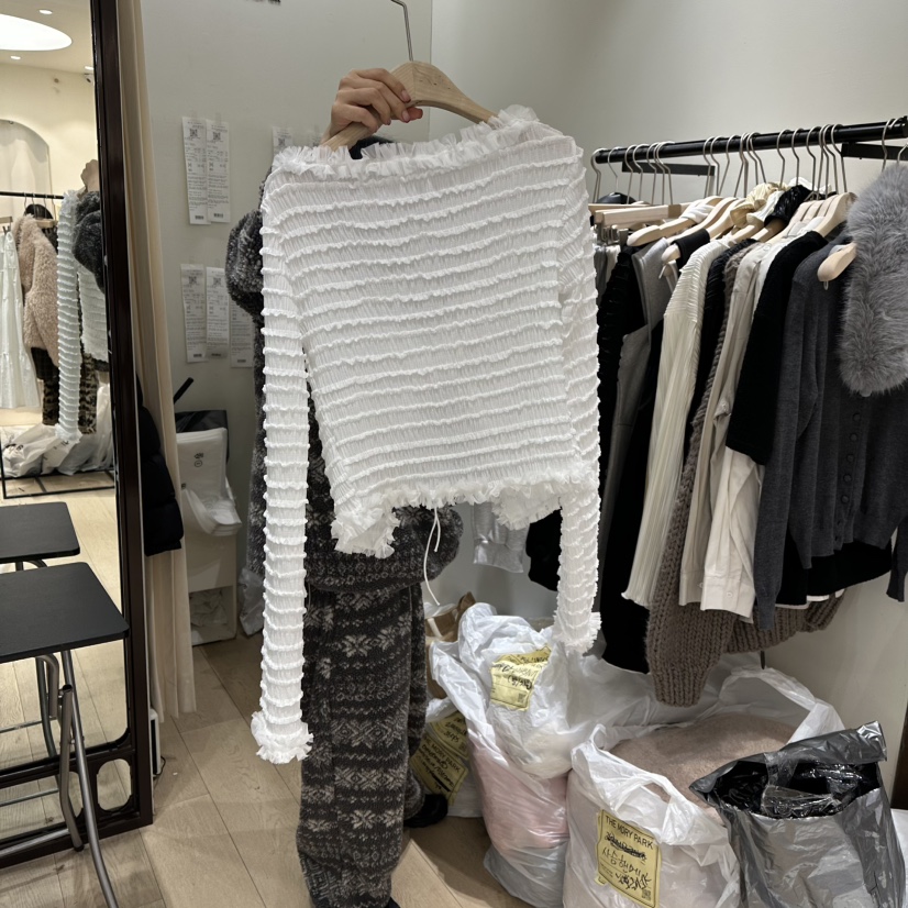 THEMORYPARK韓國代購㊣女士新款熱賣針織衫粗花呢春款褶皺開衫THE MORY PARK針織衫