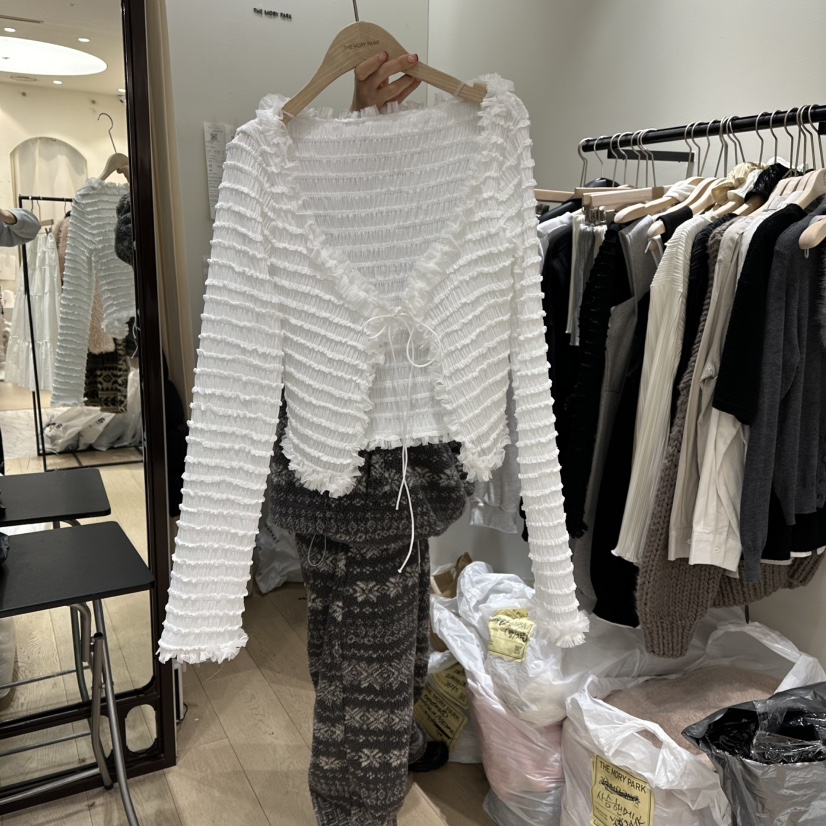 THEMORYPARK韓國代購㊣女士新款熱賣針織衫粗花呢春款褶皺開衫THE MORY PARK針織衫圖色1