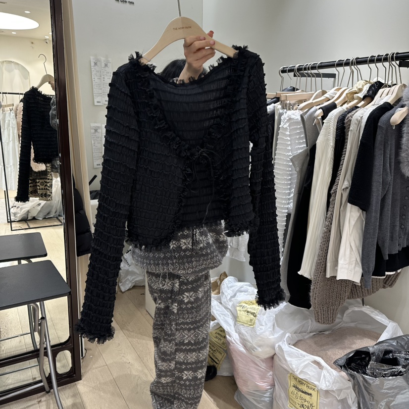 THEMORYPARK韓國代購㊣女士新款熱賣針織衫粗花呢春款褶皺開衫THE MORY PARK針織衫圖色2