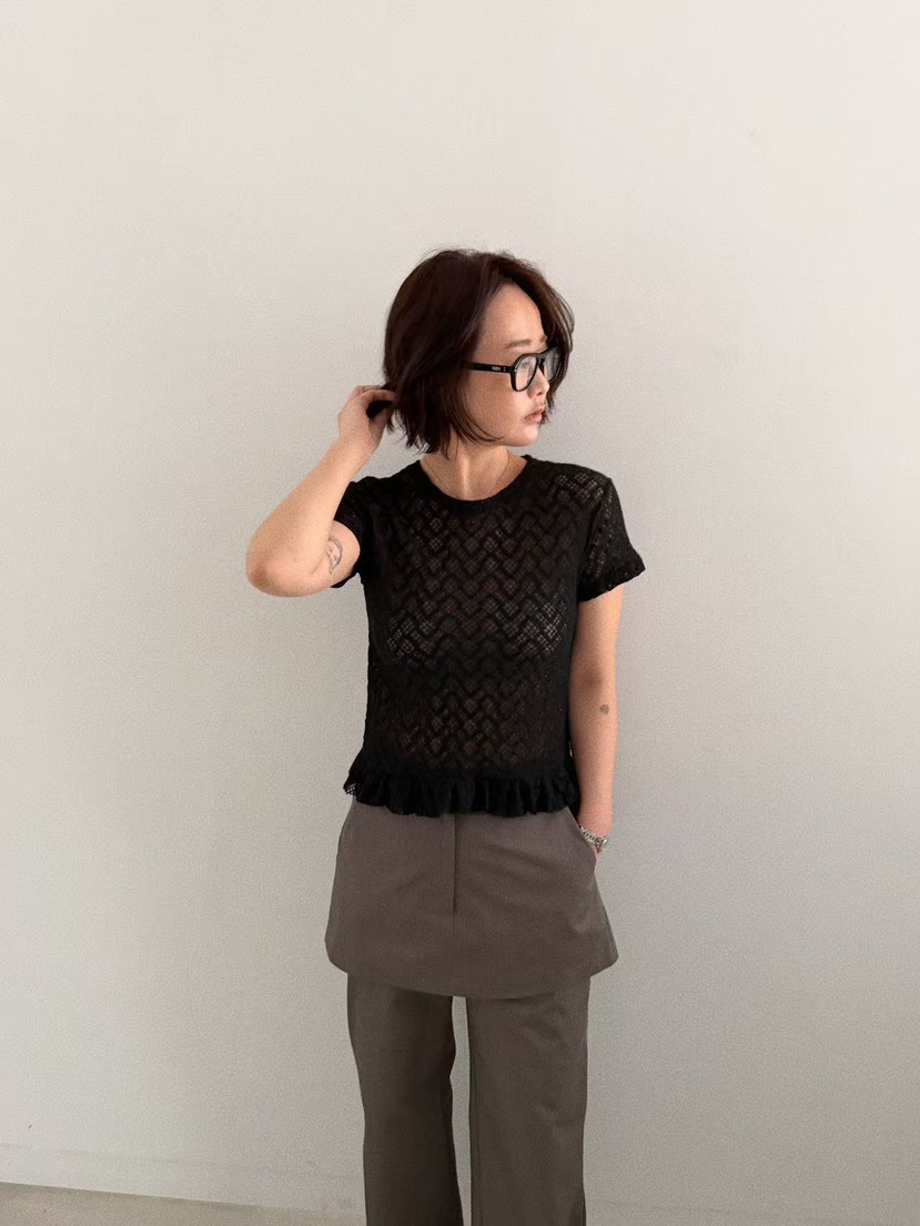 OLI SEOUL㊣東大門實拍女士新品休閑真品職業時尚推薦T恤蕾絲OLI SEOULT恤