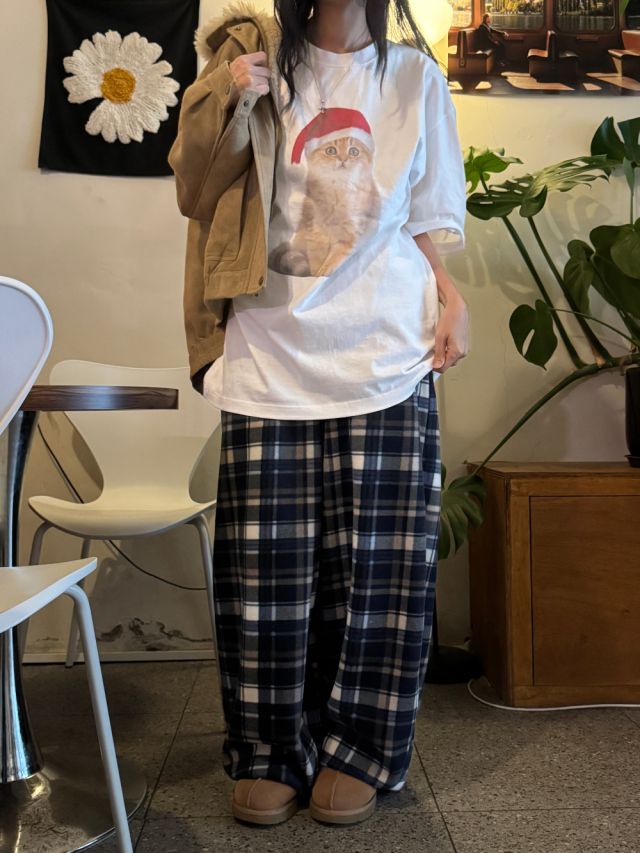 HESTORY韓國代購㊣女裝新品人氣推薦休閑褲男女同款格紋抓絨HESTORY休閑褲