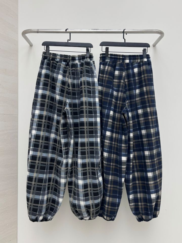 HESTORY韓國代購㊣女裝新品人氣推薦休閑褲男女同款格紋抓絨HESTORY休閑褲