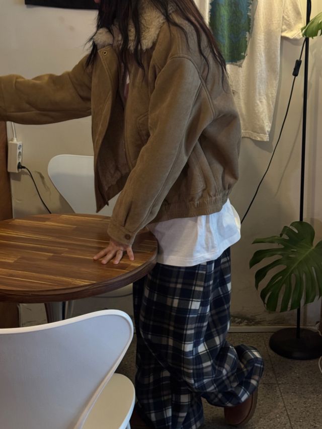 HESTORY韓國代購㊣女裝新品人氣推薦休閑褲男女同款格紋抓絨HESTORY休閑褲