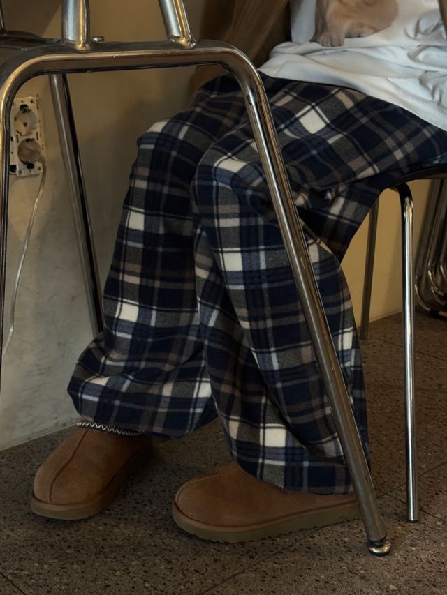 HESTORY韓國代購㊣女裝新品人氣推薦休閑褲男女同款格紋抓絨HESTORY休閑褲