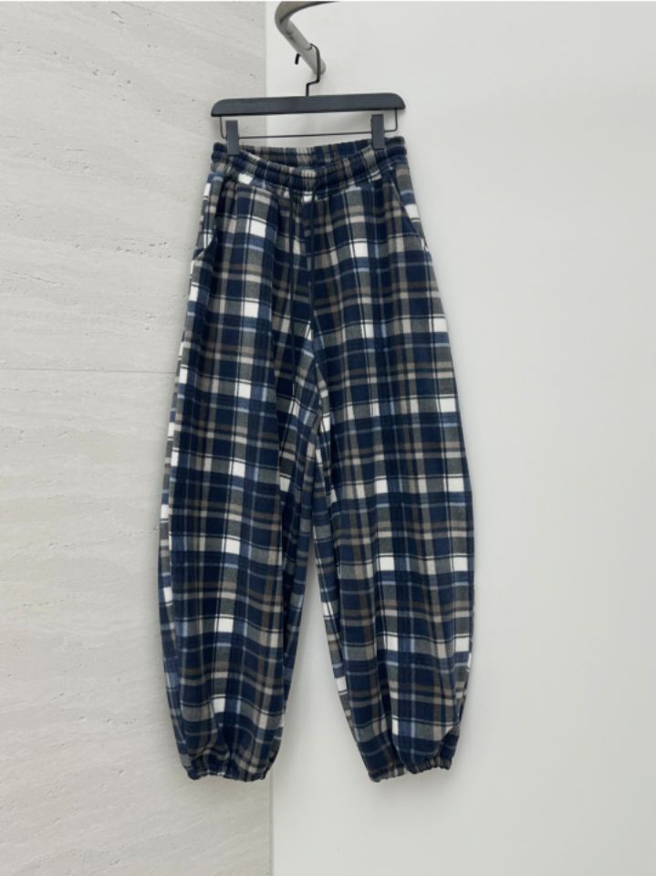 HESTORY韓國代購㊣女裝新品人氣推薦休閑褲男女同款格紋抓絨HESTORY休閑褲圖色1