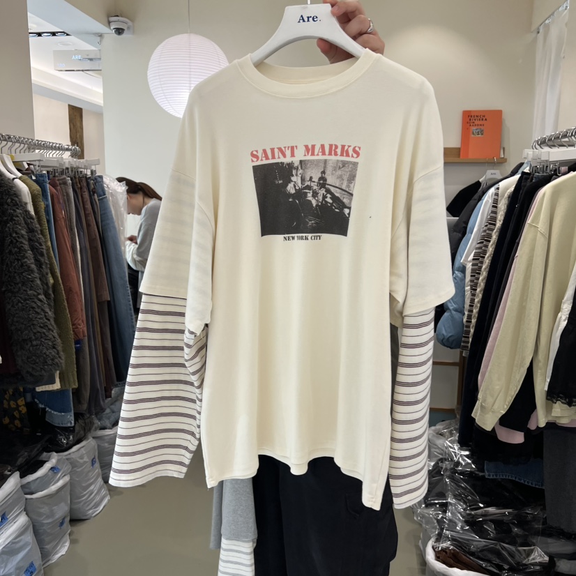 ARE㊣東大門實拍女裝新款人氣26春夏職業長袖T恤假兩件春款ARE YOU/ARE長袖T恤圖色2