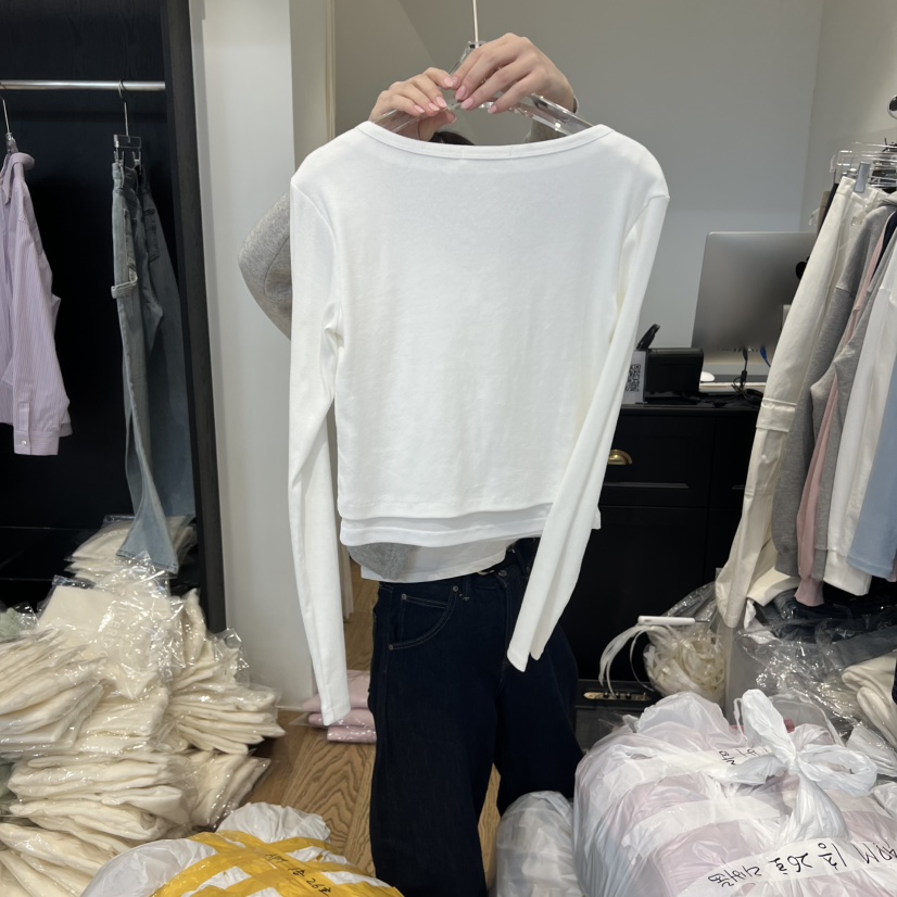 RIVEROOM㊣東大門代購女裝新款休閑時尚熱賣長袖T恤假兩件春款RIVEROOM長袖T恤