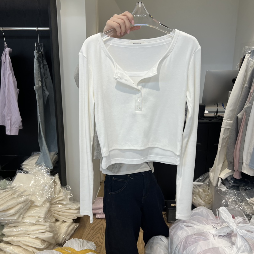 RIVEROOM㊣東大門代購女裝新款休閑時尚熱賣長袖T恤假兩件春款RIVEROOM長袖T恤圖色1