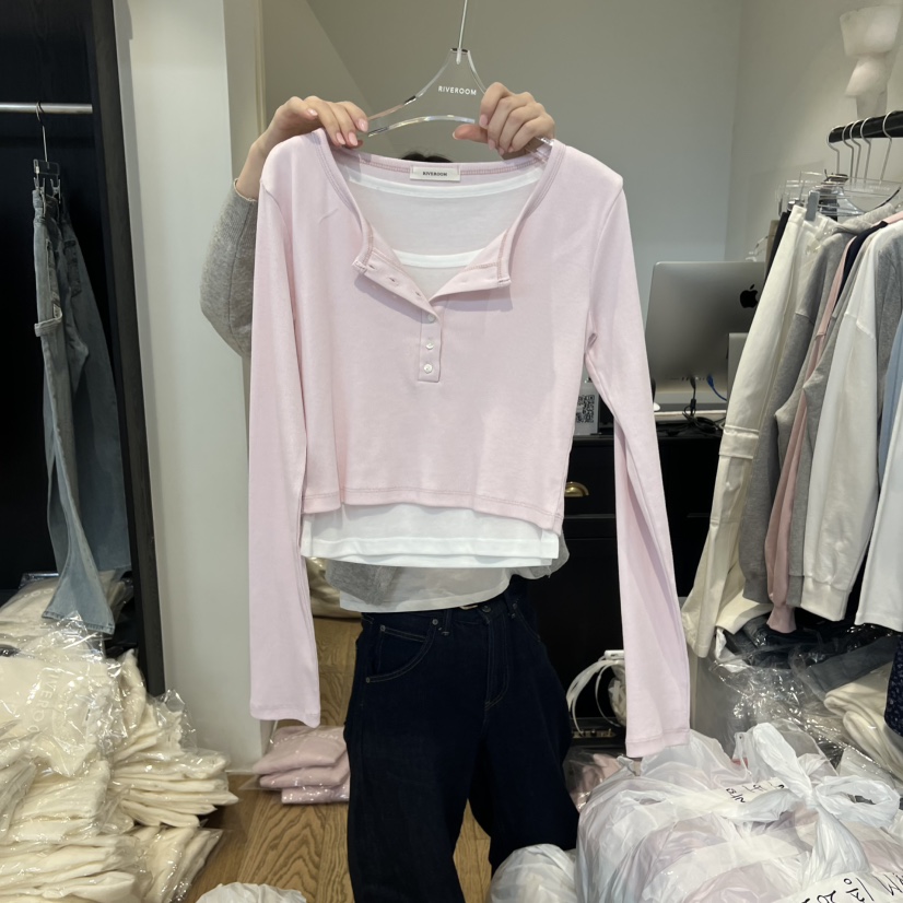 RIVEROOM㊣東大門代購女裝新款休閑時尚熱賣長袖T恤假兩件春款RIVEROOM長袖T恤圖色3