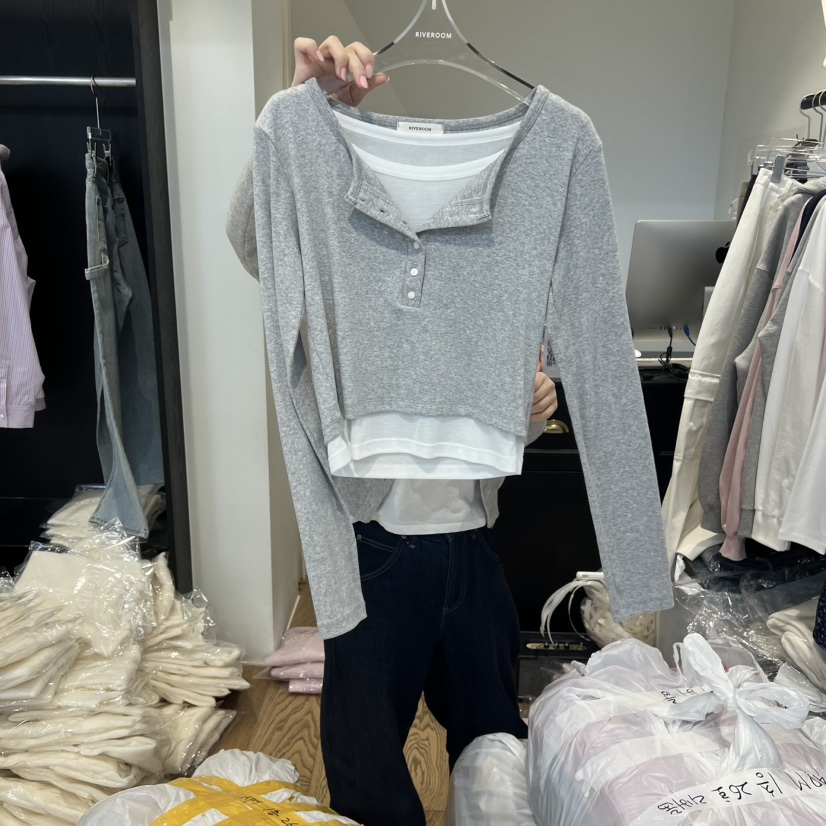 RIVEROOM㊣東大門代購女裝新款休閑時尚熱賣長袖T恤假兩件春款RIVEROOM長袖T恤圖色4