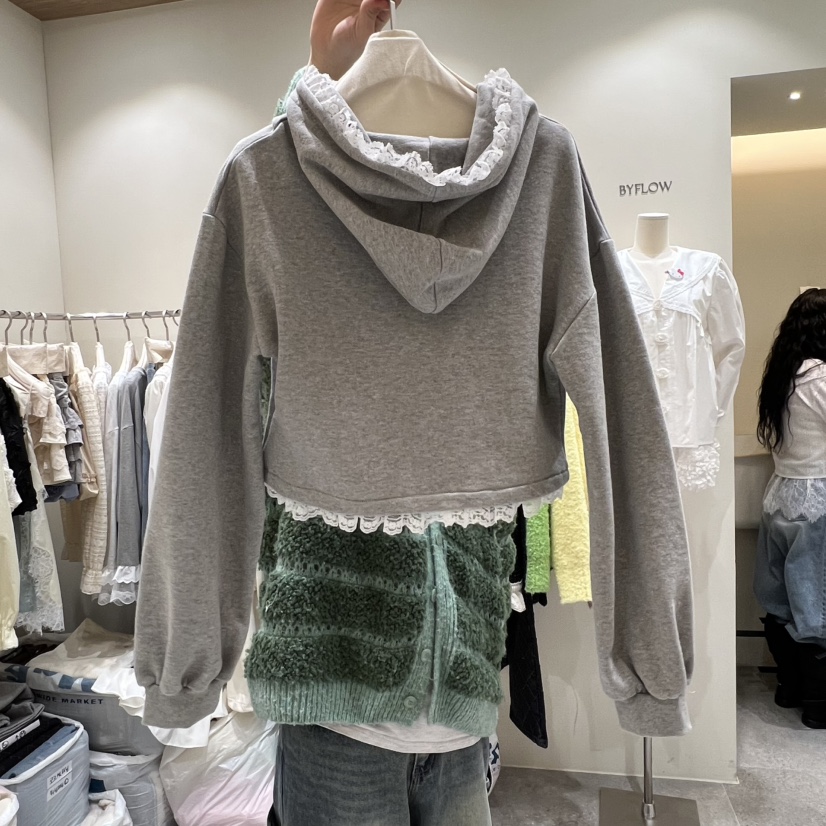 BY FLOW韓國直郵㊣女裝新品熱賣人氣夾克連帽衫春款短款蕾絲BY FLOW夾克