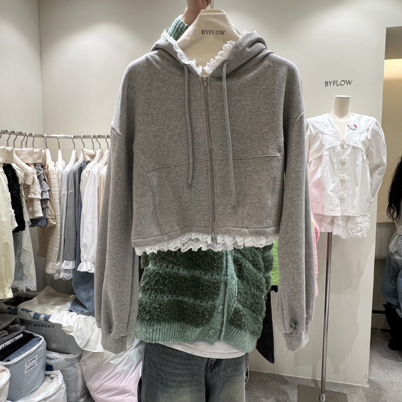 BY FLOW韓國直郵㊣女裝新品熱賣人氣夾克連帽衫春款短款蕾絲BY FLOW夾克圖色2