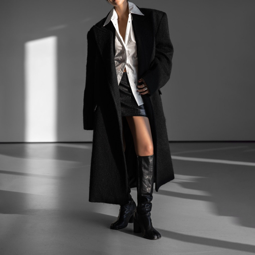 PAPERMOON㊣東大門代購女士新款熱賣職業休閑中長款大衣馬海毛paper moon中長款大衣圖色2