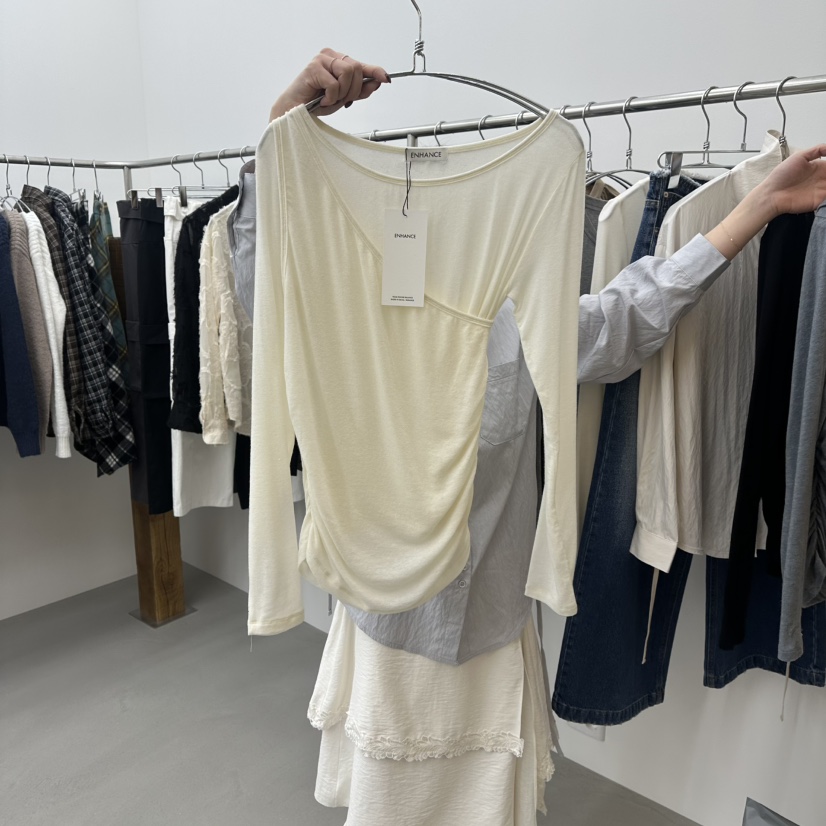 ENHANCE東大門直郵㊣女裝新品職業人氣推薦長袖T恤春款褶皺ENHANCE長袖T恤圖色1