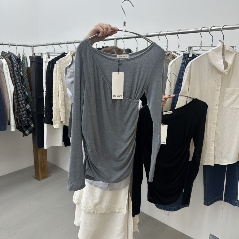 ENHANCE東大門直郵㊣女裝新品職業人氣推薦長袖T恤春款褶皺ENHANCE長袖T恤圖色2