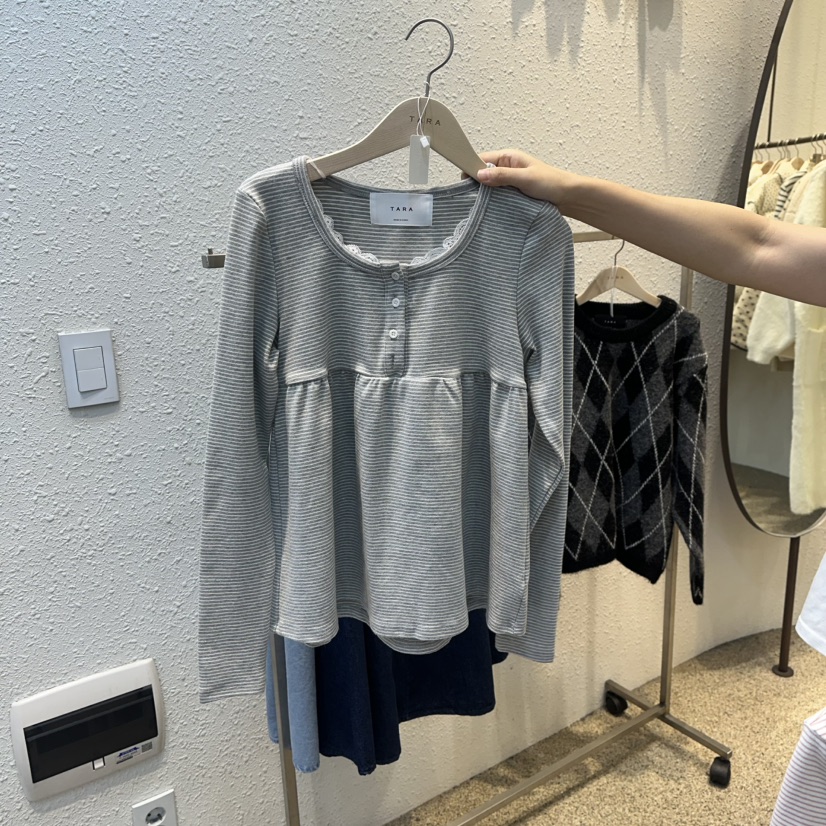 TARA㊣東大門代購女裝新品職業人氣休閑推薦真品長袖T恤條紋TARA長袖T恤圖色2