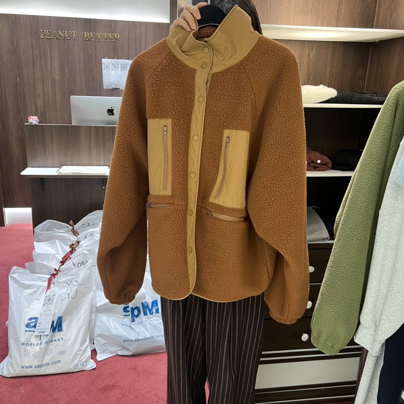 PEANUT BUTTER東大門直郵㊣女士新款26春夏休閑夾克口袋抓絨PEANUT BUTTER夾克圖色1