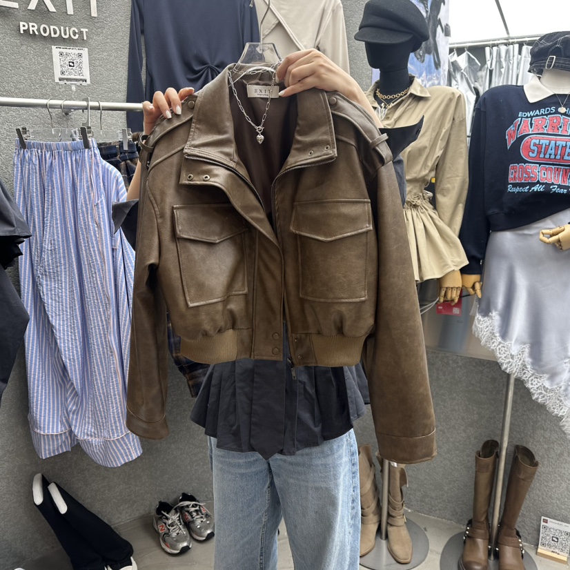EXIT韓國代購㊣女裝新款推薦26春夏熱賣職業夾克口袋皮革春款EXIT夾克圖色1