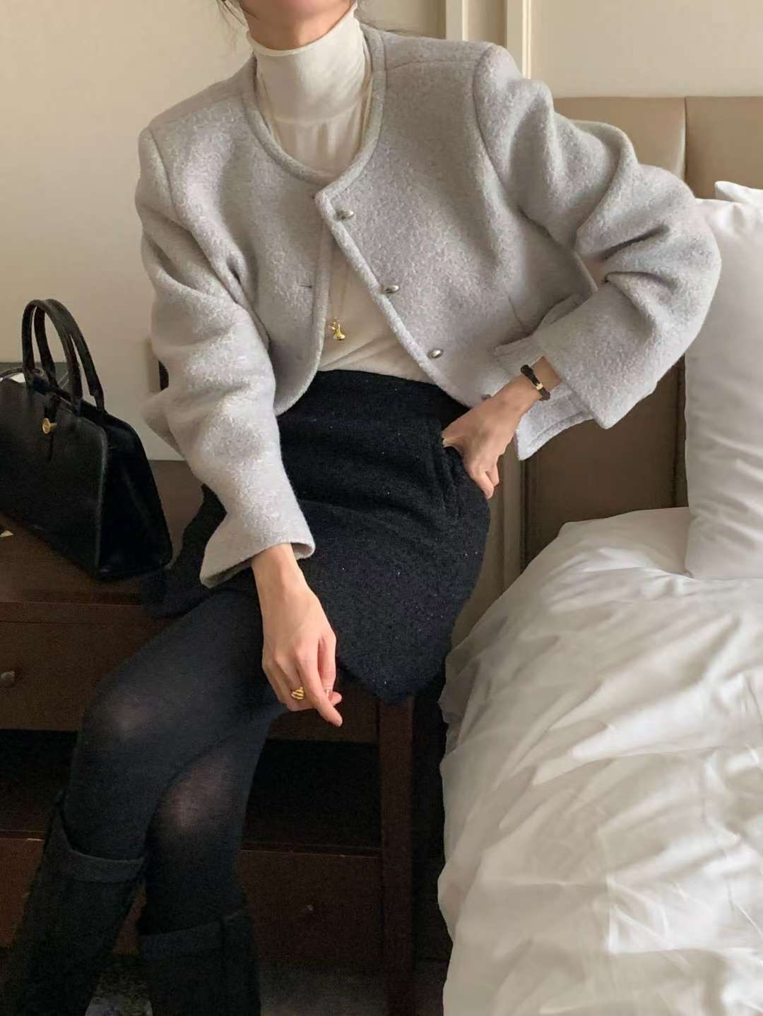 FLUTTER東大門直郵㊣女裝新款真品人氣休閑夾克粗花呢羊毛混紡FLUTTER/INOUF夾克