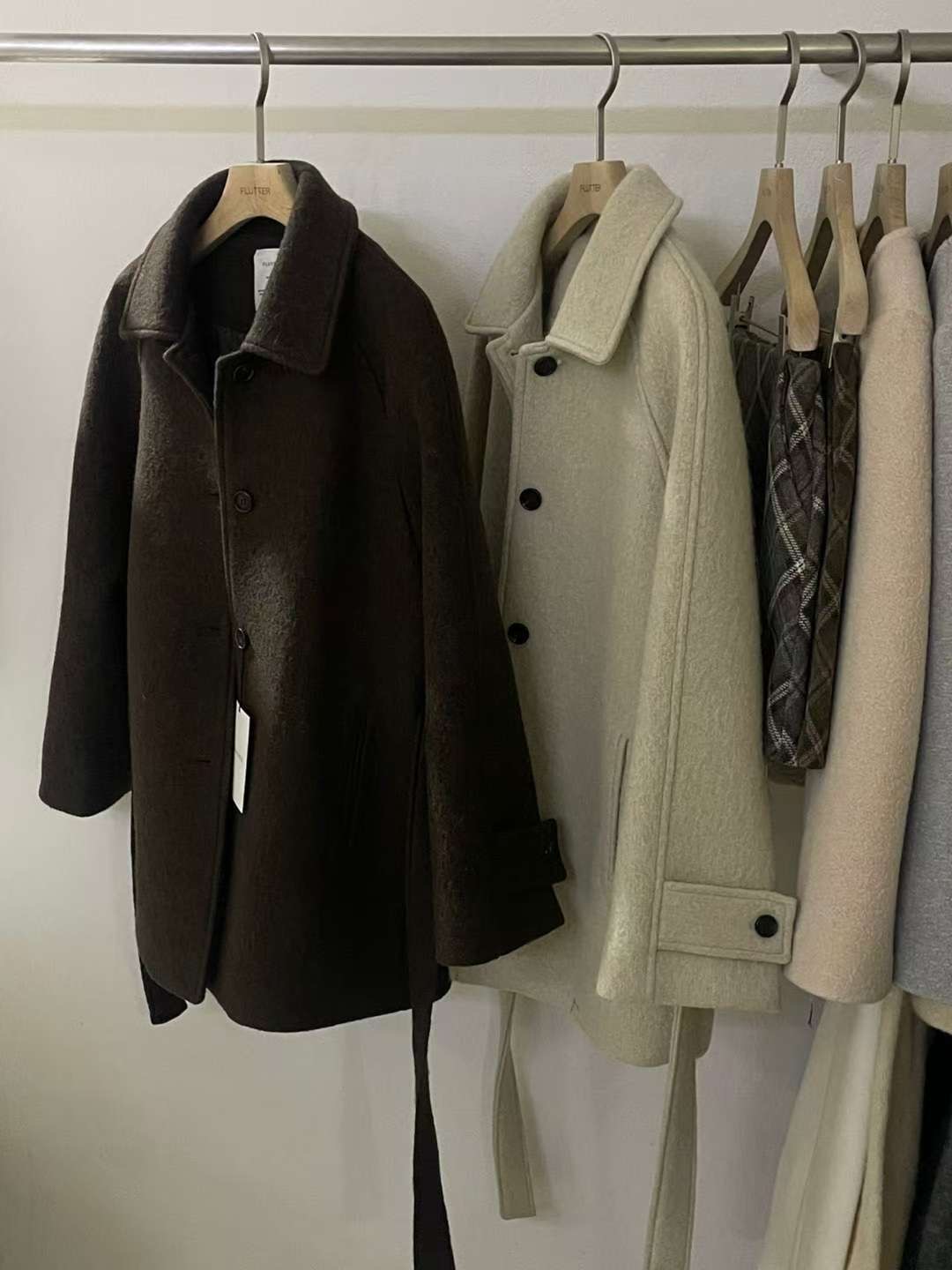 FLUTTER㊣東大門代購女士新款熱賣真品中長款大衣含腰帶馬海毛FLUTTER/INOUF中長款大衣