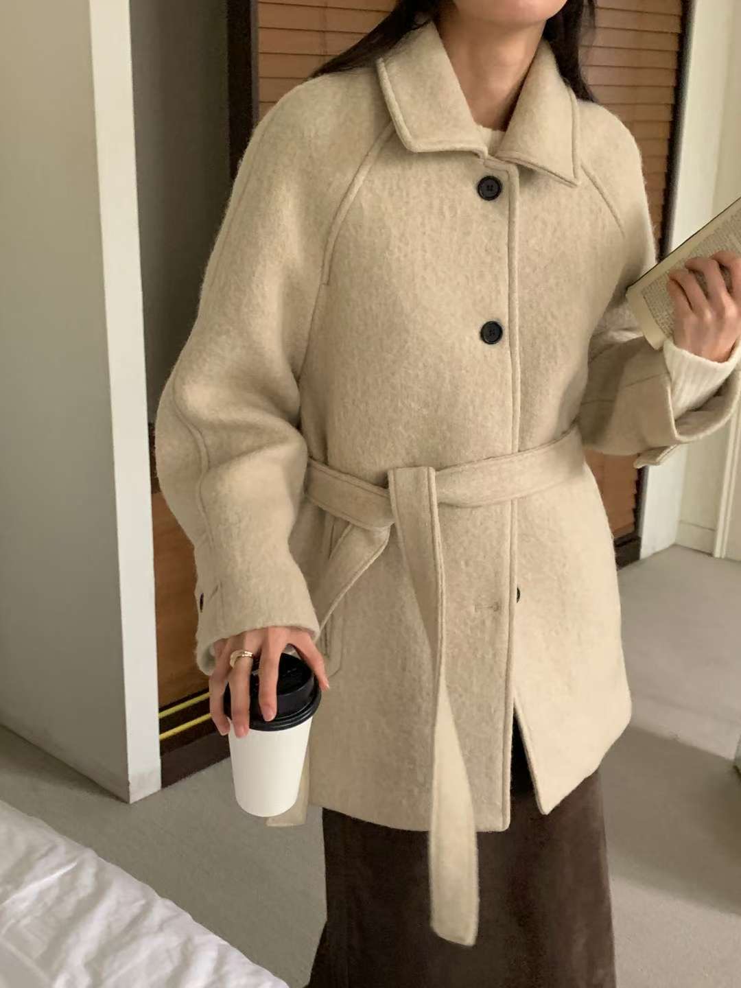 FLUTTER㊣東大門代購女士新款熱賣真品中長款大衣含腰帶馬海毛FLUTTER/INOUF中長款大衣圖色1