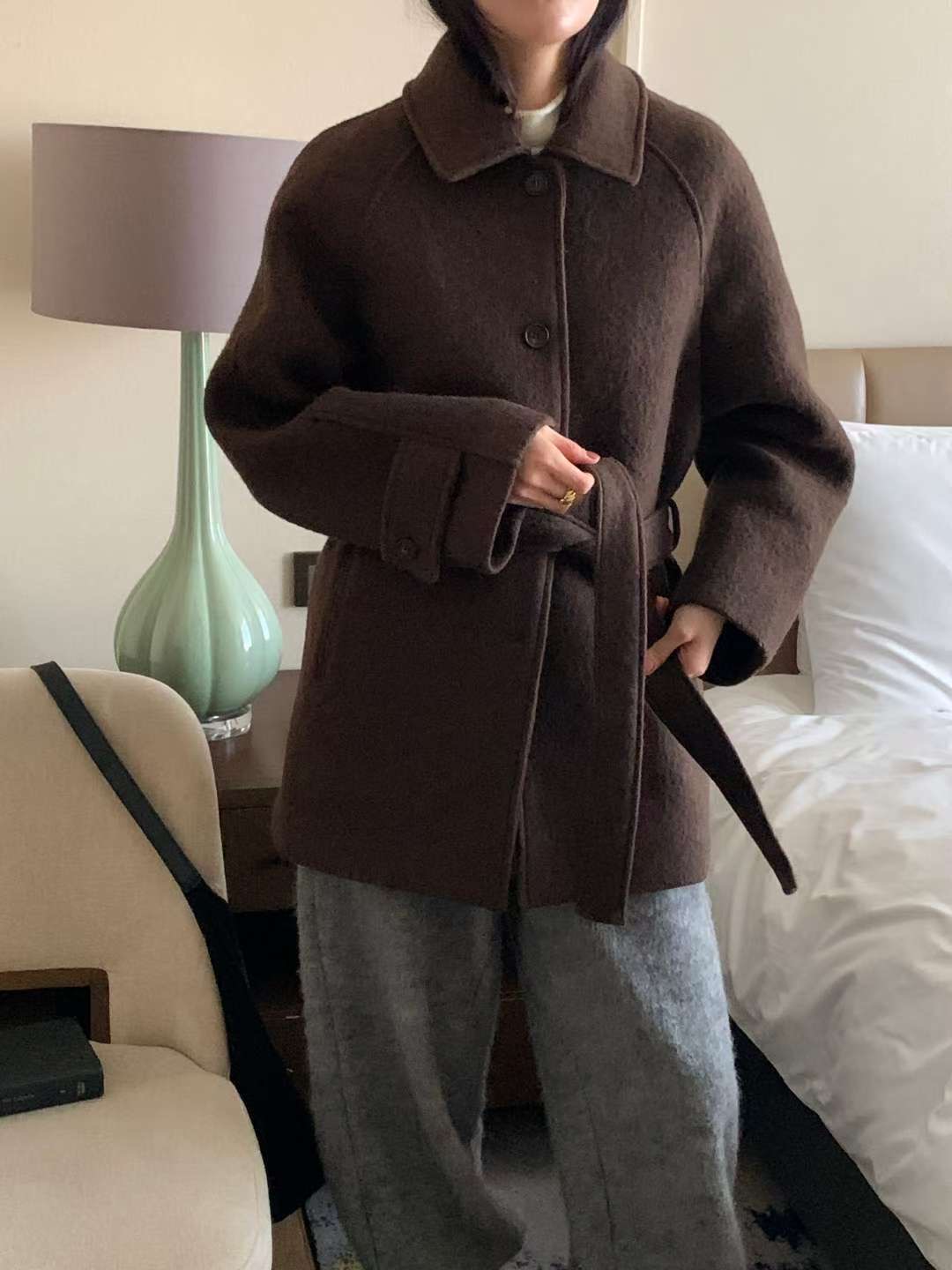 FLUTTER㊣東大門代購女士新款熱賣真品中長款大衣含腰帶馬海毛FLUTTER/INOUF中長款大衣圖色2