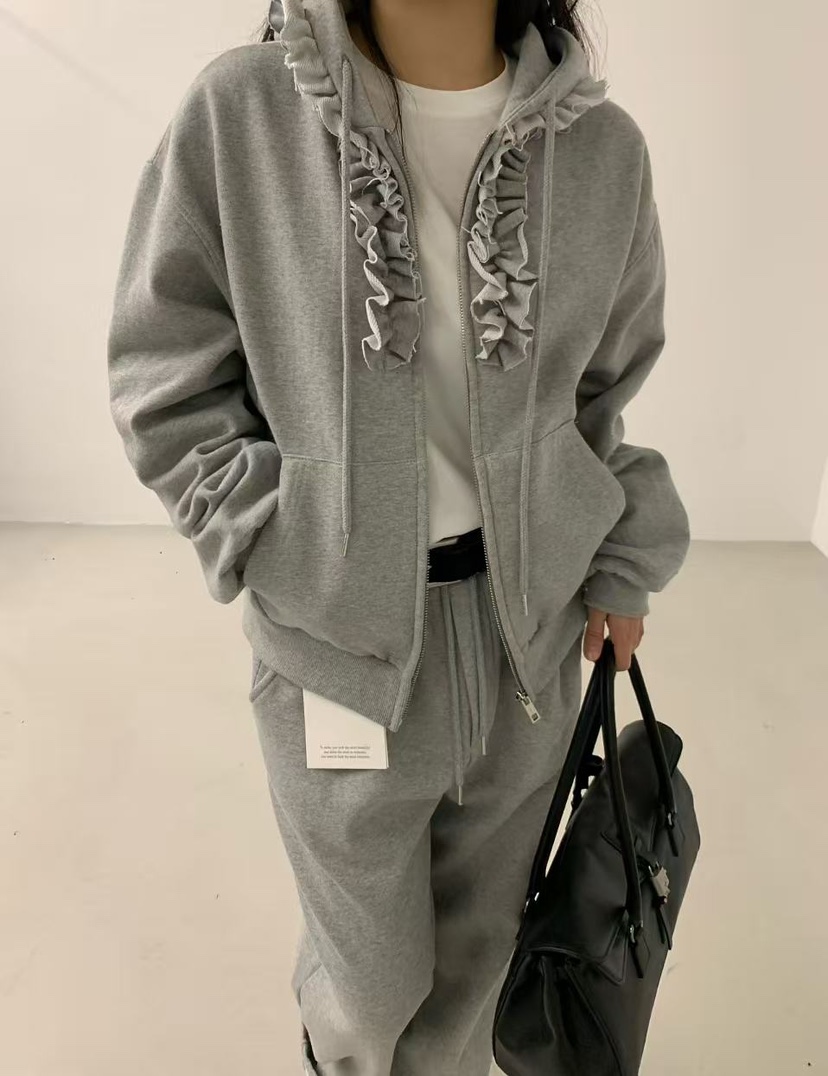 J CRANE-A㊣東大門代購女士新品時尚夾克連帽拉鏈衫荷葉邊J CRANE夾克